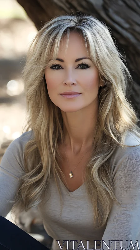 Blonde woman portrait in soft outdoor natural light focus.