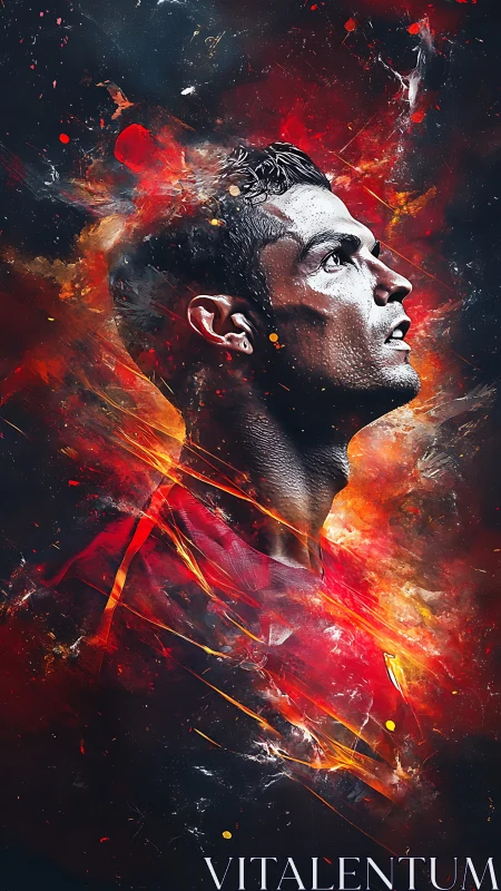 Dynamic digital portrait of male athlete in fiery colors.