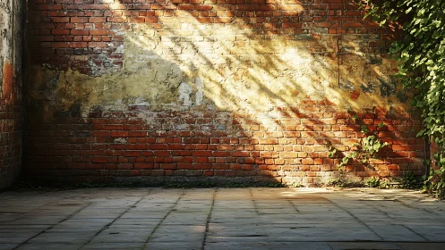 Sunlit brick courtyard wall catches warm afternoon shadows