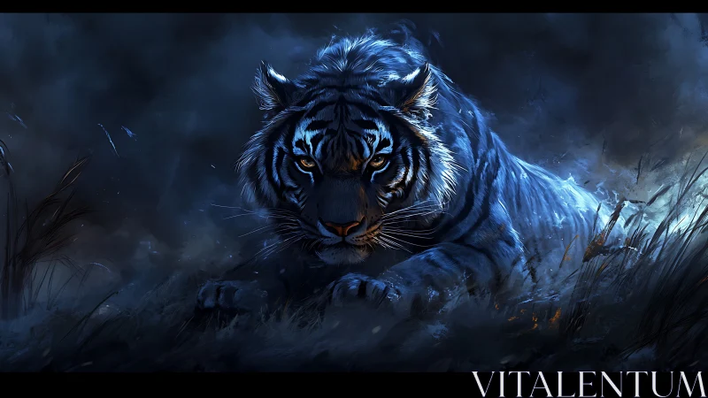 Midnight tiger stalks through stormlit grass in blue haze.