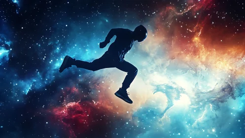 Silhouetted astronaut sprinting through vivid cosmic nebula