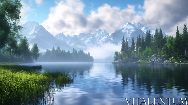 Snowy mountain lake with forest shoreline and soft mist.
