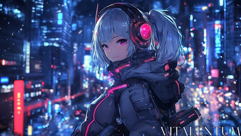 Neon vigil girl drifting through snowfall over cybercity.