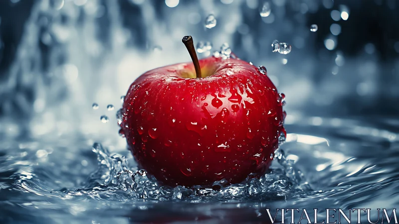Red apple rests in mid-splash while surrounded by moving water