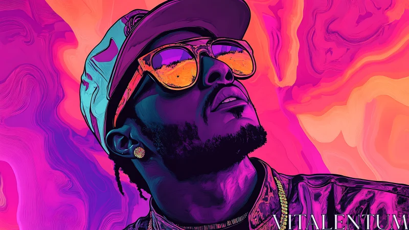 Neon gradient portrait renders hip-hop figure in stylized vector