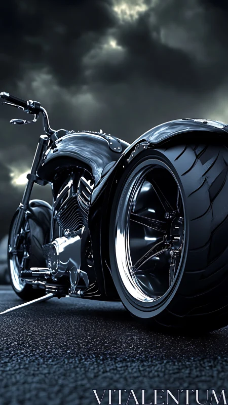 Low-angle view of custom chrome cruiser motorcycle at night