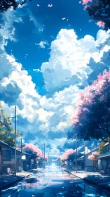 Spring-lit empty street under towering cotton clouds.