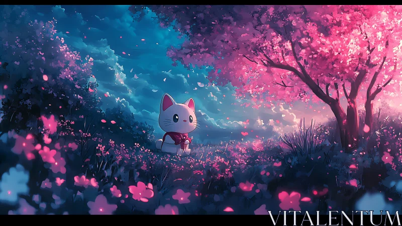 Whimsical lucky cat beneath radiant cherry blossom twilight.