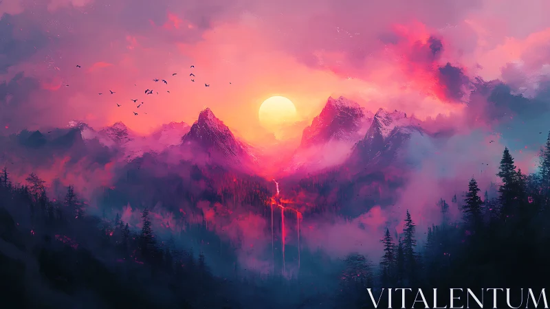 Dreamy sunset mountains glowing above misty forest valley.