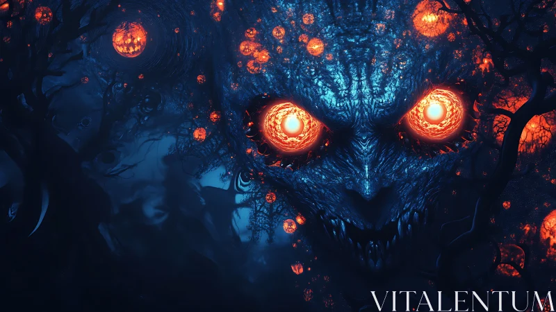 Infernal forest demon with blazing eyes in midnight bloom.