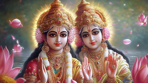 Symmetric divine dyad with radiant crowns and lotus field imagery.