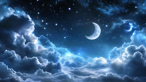 Luminous crescent moons suspended above radiant storm clouds.