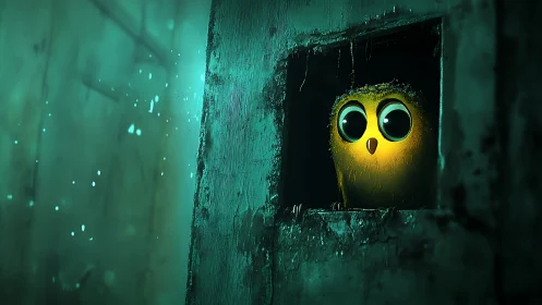 Glow-eyed owl peeks from a weathered window into the dark