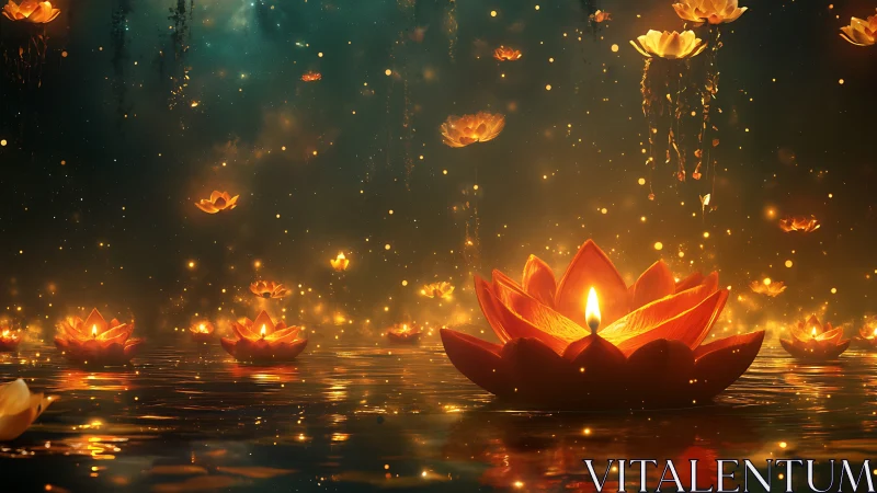 Luminous lotus lanterns drift across shimmering golden water.