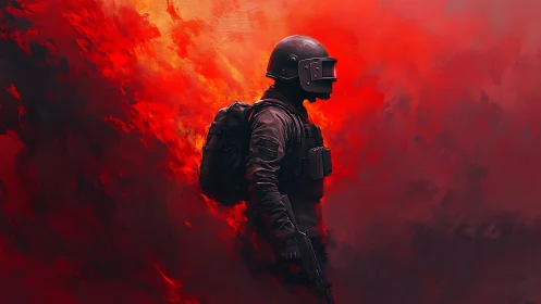 Armored soldier in red smoke with tactical gear profile.