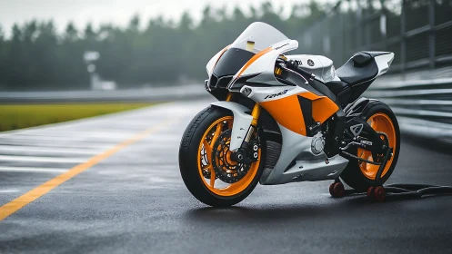 Track-ready sport motorcycle waits on a wet racing circuit