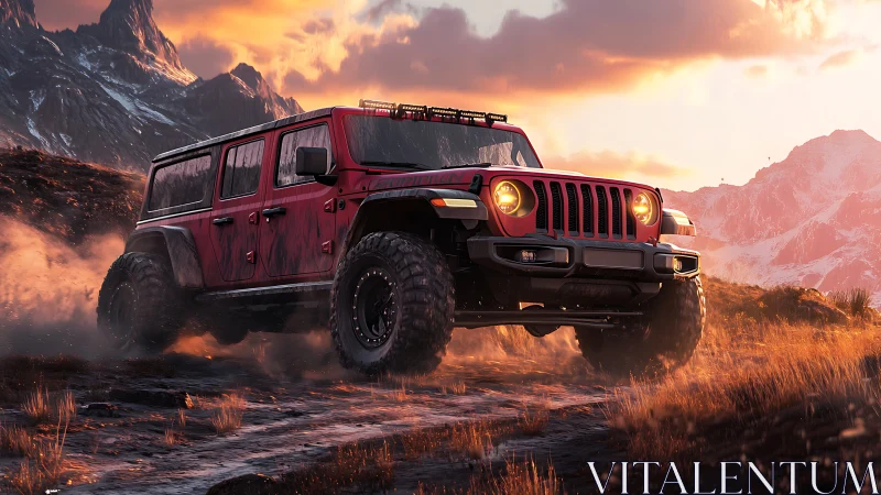 Red off road SUV powers through muddy mountain trail at dusk
