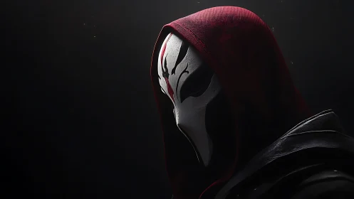 Masked hooded assassin portrait in dramatic side light.
