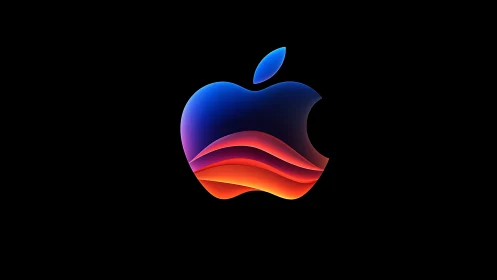 Gradient apple emblem integrates layered neon wave contours