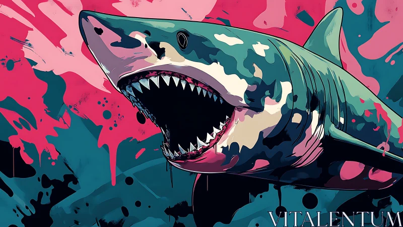 Shark illustration with open jaws against abstract backdrop.