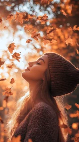 Quiet joy in golden autumn light and drifting leaves.