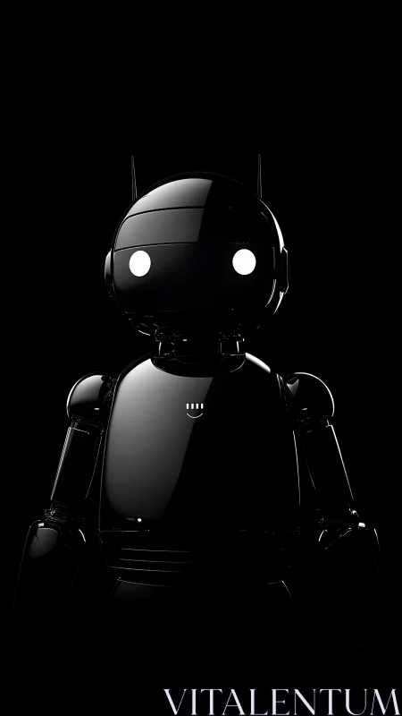 Glossy black robot portrait under dramatic studio lighting.