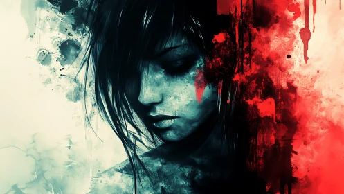 Moody digital portrait of woman in blue and red splashes.