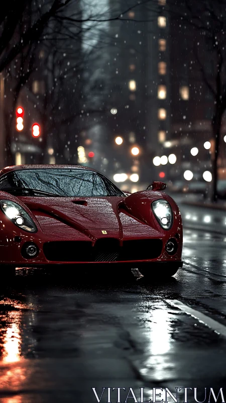 Red supercar glows against rainy city street at night.