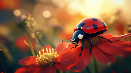 Gentle ladybug explores a glowing red flower at sunset