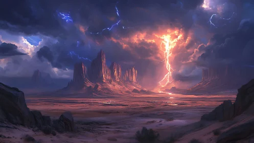 Stormlit desert canyon welcomes a dramatic lightning strike