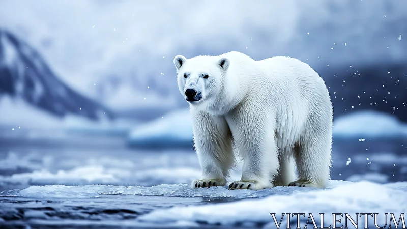 Snow-dusted polar monarch pauses on a drifting ice stage