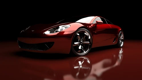 Crimson supercar prowls a mirrored night of liquid chrome.