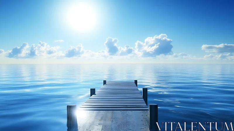 Sunny wooden pier reaching into calm endless blue water.