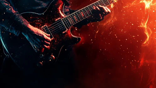 Electric guitarist plays over blazing red fiery backdrop