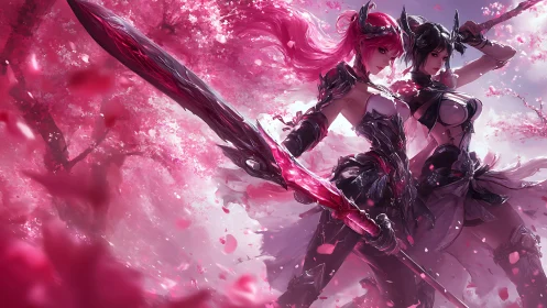 Cherry blossom warriors standing strong in swirling petals.