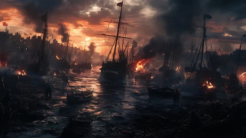 Harbor with burning ships under dense evening clouds.