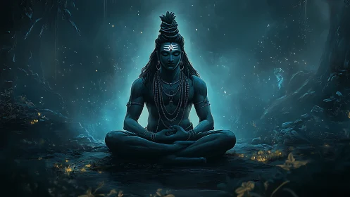 Blue-skinned seated figure in forest environment at night.