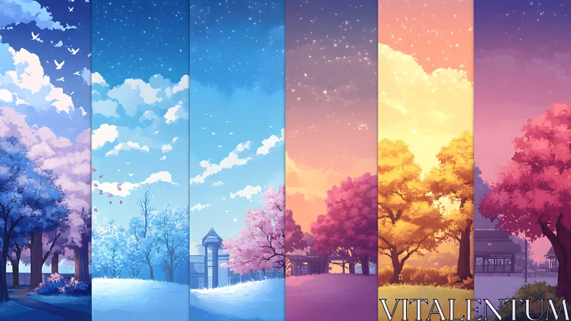 Seasons shift over serene park in luminous vertical panels.