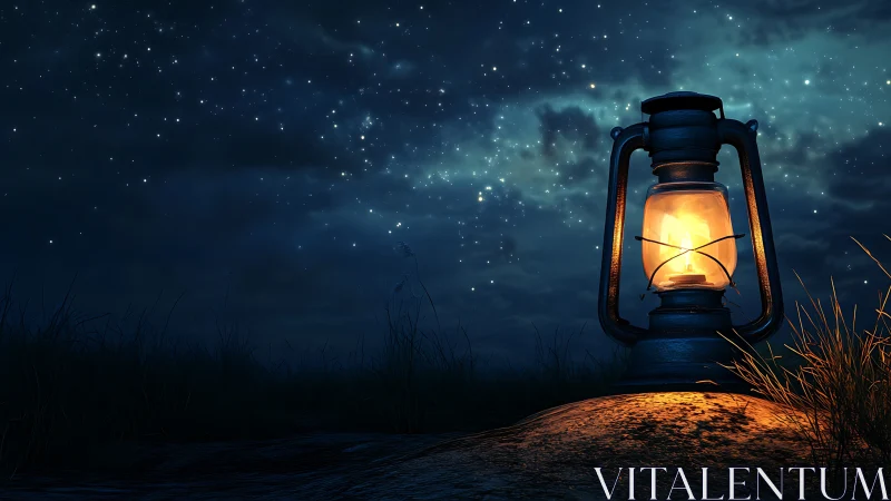 Lantern glow under starry night sky on quiet hillside.