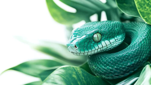 Green snake remains coiled among broad tropical foliage