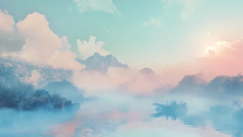 Soft pastel mountain lake landscape with morning mist.