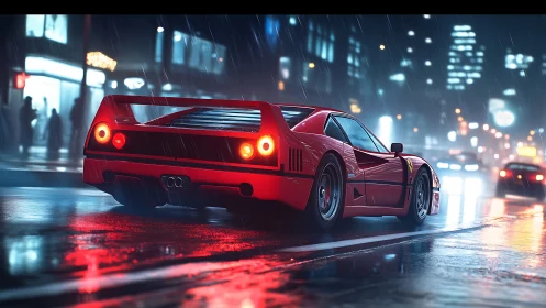 Red sports coupe on wet city street at night in rain.