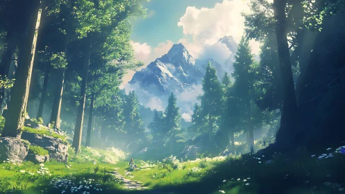 Alpine Valley Passage: Mountain Vista Through Verdant Forest Canopy.