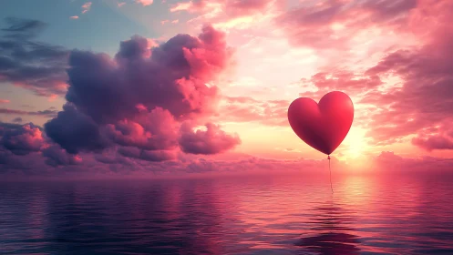 Red Heart Balloon Floating Above Serene Ocean at Sunset