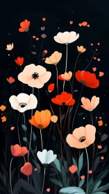 Anemone Garden on Black. Floral Illustration.