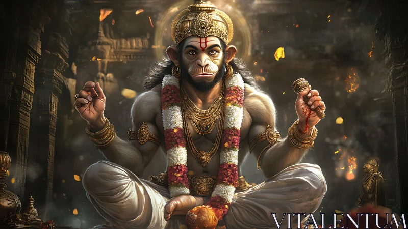 Radiant monkey deity in golden garlands of quiet thunder.