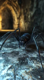 Midnight spider patrols a glowing cavern corridor floor