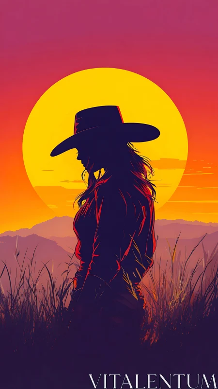 Sunset cowgirl silhouette wrapped in desert daydreams.