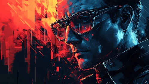 Neon glare strategist bathed in glitchfire city light.