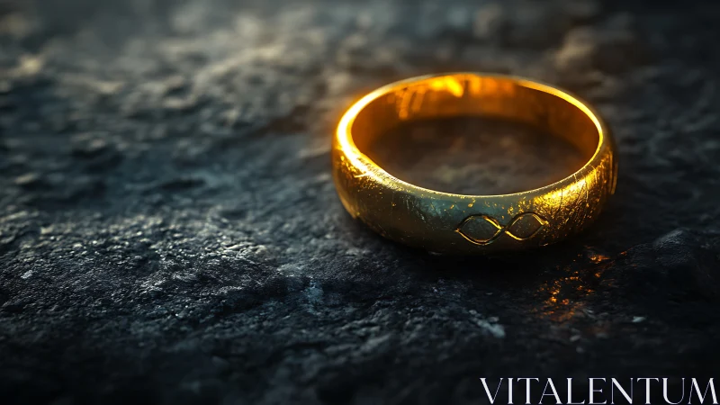 Gold ring on dark textured stone surface in warm light.